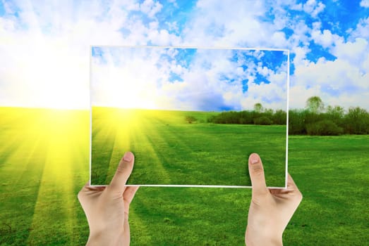 Hand holding photo of field of green grass on background with sunrise