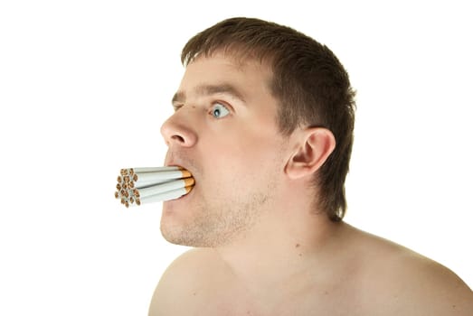 young man with many cigarettes in his mouth
