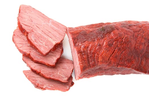 Close up of Slices beef on plate isolated on white