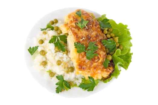 Chicken baked with pineapple and cheese with rice vegetables garnish