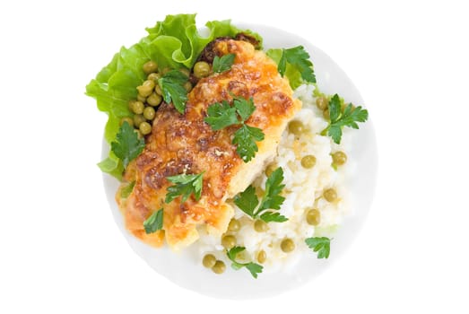 Chicken baked with pineapple and cheese very tasty dish with rice vegetables garnish