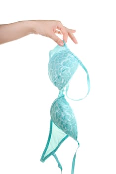 Woman hand hold blue bra isolated on white background