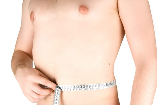 Young man measuring his body, isolated on white background