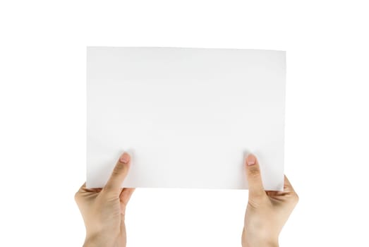 hand holding white paper isolated on white