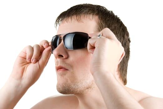 young man portrait with sunglasses on white