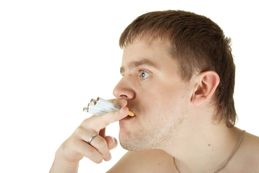 young man with many cigarettes in his mouth