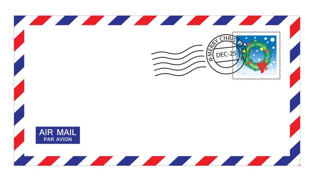 illustrations of airmail envelope with christmas stamps and post mark.