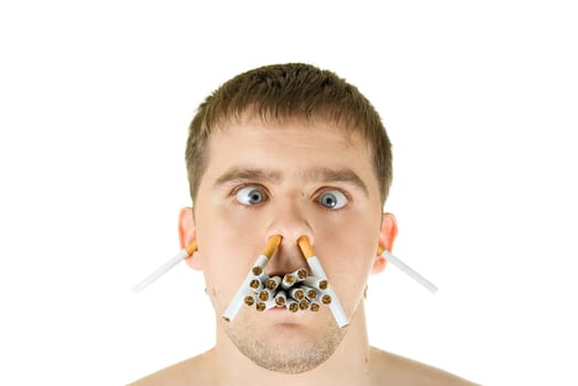 young man with many cigarettes in his mouth