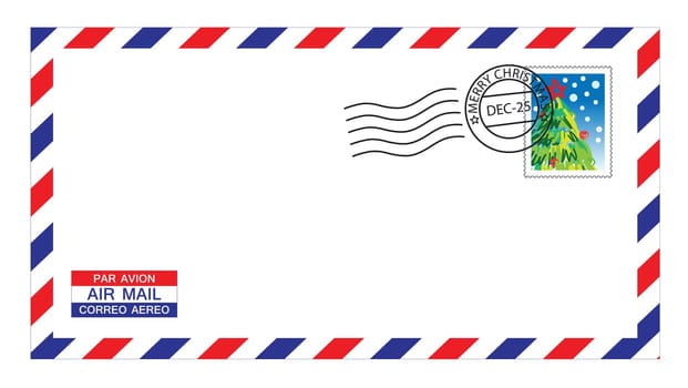 illustrations of airmail envelope with christmas stamps and post mark.
