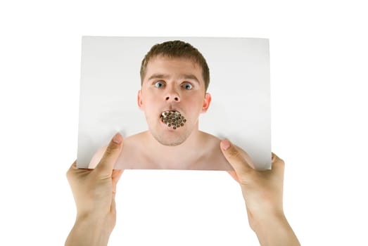 Human hand hold photo of young man with many cigarettes in his mouth