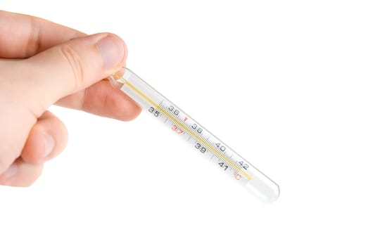 Human Hand with thermometer on white background. Sickness concept.