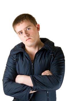 Portrait of man in down-padded coat isolated on white background