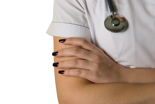 Closeup of female doctor with stethoscope isolated on white. horizontal orientation.