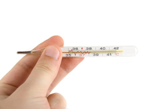 Hand with thermometer on white background
