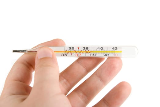 Human Hand with thermometer on white background