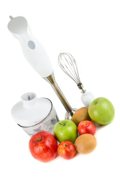 Fruits and blender ready for smoothie on white background