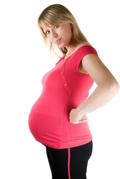 Caucasian woman is 9 months pregnant isolated on white background