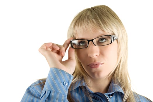 Beauty Blond Business woman with glasses isolated on white