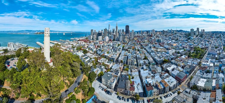 Image of Panorama view San Francisco Coit Tower to downtown skyscrapers and residential aerial