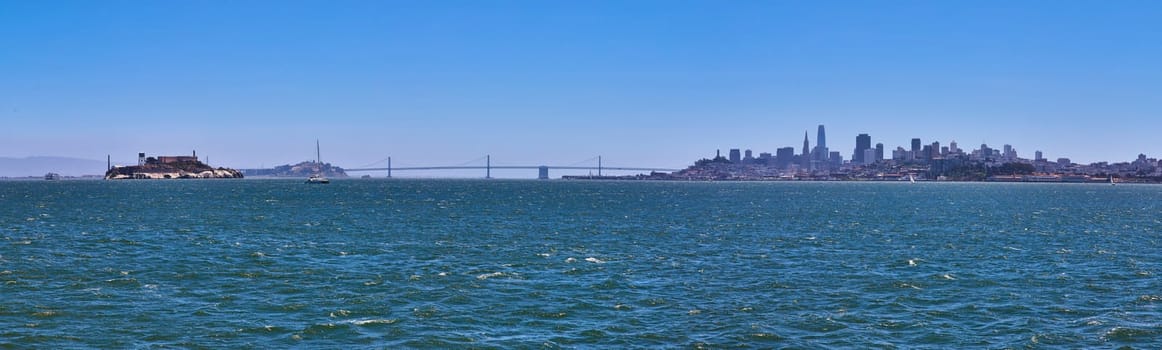 Image of Panorama San Francisco Bay with Alcatraz Island to downtown skyscraper city coastline