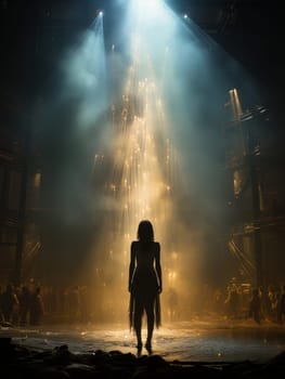 Fictional thin girl in dramatic light stands with her back in the frame on street ruins AI