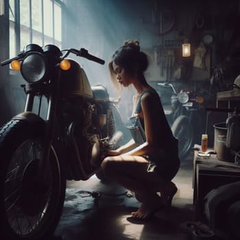 young sexy mixed race woman in a dark garage repair motorcycle , dim warm light generative ai art