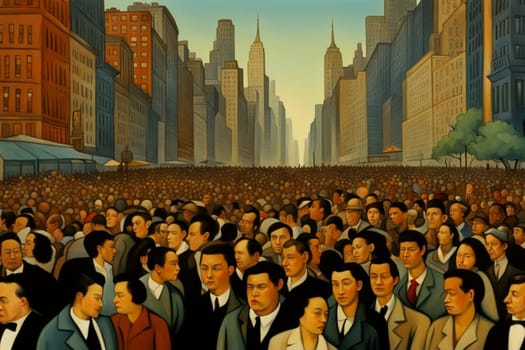 big crowd of people activist gather in main square, community civil rights fight, illustration , vintage painting style generative ai