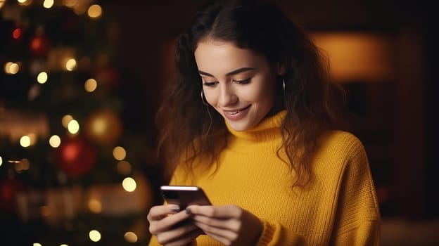 Young woman in yellow sweater orders New Year gifts during Christmas holidays at home using smartphone and credit card.