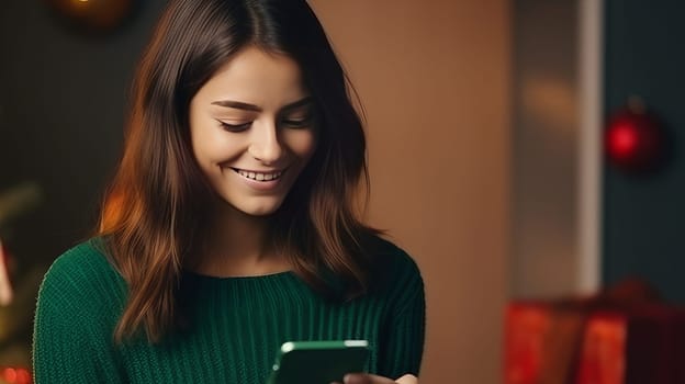 Young woman in green sweater orders New Year's gifts during Christmas holidays at home using smartphone and credit card.