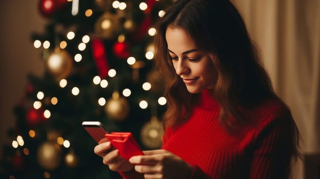 Young woman in a red sweater orders New Year's gifts during the Christmas holidays at home, using a smartphone and a credit card
