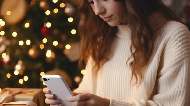 Young woman in a white sweater orders New Year's gifts during the Christmas holidays at home, using a smartphone and a credit card