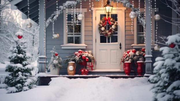 A snow-covered house on the street decorated with New Year's toys for Christmas