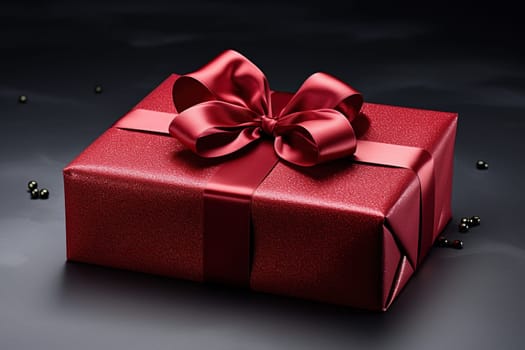 Red gift box with bow on a black background. Gift for birthday, Christmas, Valentine's day. Generated by artificial intelligence
