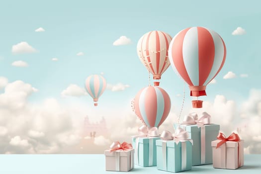 Congratulatory background with balloons, gifts against the background of the sky with clouds. Design of greeting background, cards for Birthday, Valentine's Day. Generated by artificial intelligence