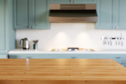 Green kitchen with wood countertops and accent island for product display. Empty kitchen countertop with blurred kitchen background with appliances and utensils. 3D rendering.