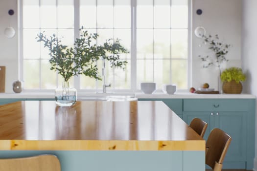 Kitchen with green cabinets, large window in the background and accent countertop to advertise the product. Kitchen island with blurry long shot of green kitchen. 3D rendering.