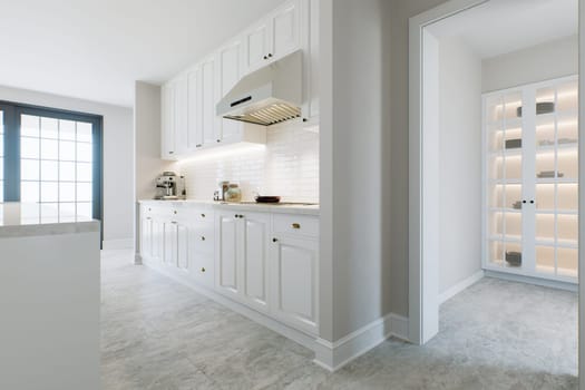 Kitchen with white cabinets, warm lighting and large metal hood. Kitchen interior with marble and brick tiles. 3d rendering.