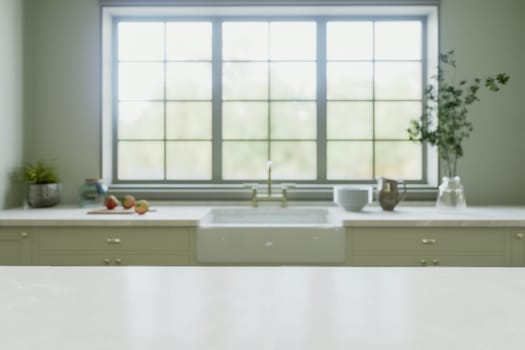 Kitchen interior with an island with a white stone countertop - for placing and advertising products against the blurred background of the kitchen by the window. 3D rendering