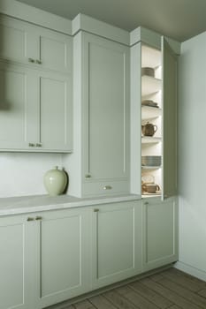 Kitchen cabinets with shelves and utensils in a traditional kitchen interior. Lamps in the kitchen. 3d rendering