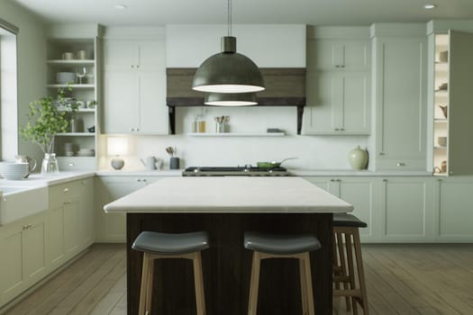 Beautiful bright kitchen in a new luxury home in a traditional style. Features a wood island, wood countertops, cabinets and wood flooring. 3d rendering