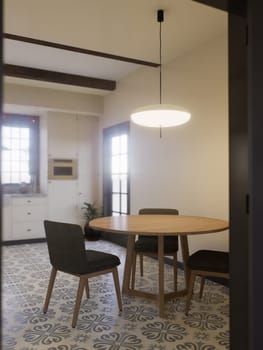 White kitchen with dark red brick, wood, large window and kitchen utensils. L-shaped kitchen with beams and dining table. 3d rendering