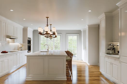 Traditional white kitchen with long island and wooden chairs with varnished wood flooring. Classic kitchen with large chandeliers and kitchen appliances. 3d rendering