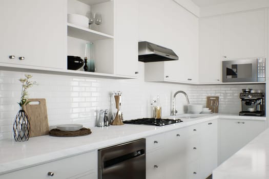 White kitchen with kitchen appliances and utensils. Stylish kitchen in traditional style. 3D rendering