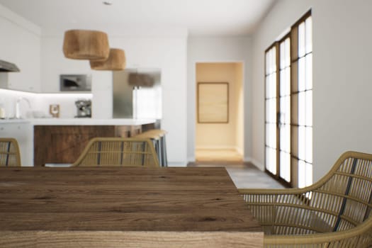 Focus on dining wooden table, empty space for your goods. White kitchen in the background with appliances and utensils. 3d rendering