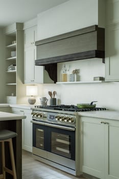 Beautiful bright kitchen in a new luxury house in a traditional style. Large kitchen stove with oven and large hood. 3D rendering