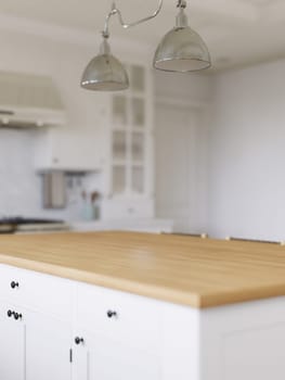 Wooden countertop, empty surface to place your goods, with a blurred kitchen background in the background. Stylish, bright kitchen in traditional style. 3D rendering