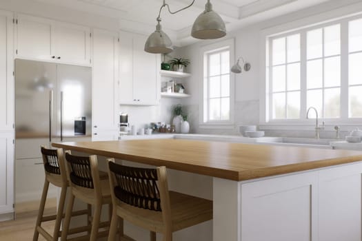 White U-shaped kitchen with windows, kitchen appliances and utensils. Stylish, bright kitchen in a traditional style. 3D rendering