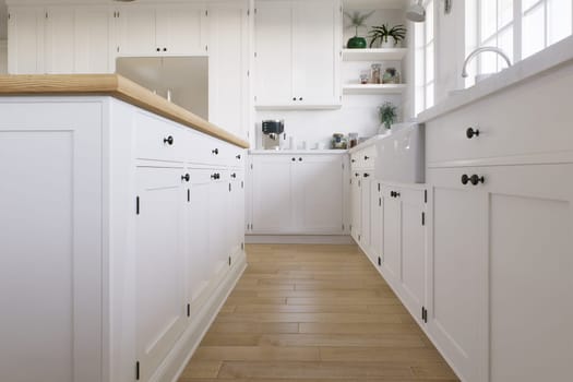 A place to place a rug in the kitchen. Kitchen with white cabinets and large island. Stylish white kitchen in traditional American style. 3D rendering