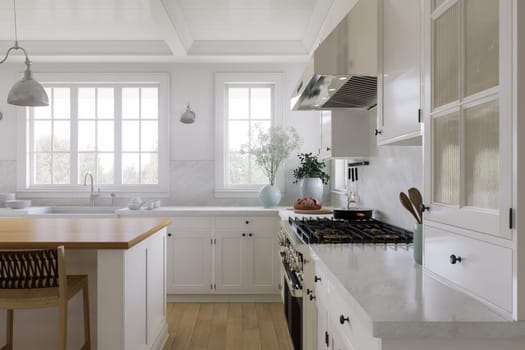 Large stove with hood on a white kitchen. Stylish, bright kitchen in traditional style. 3D rendering