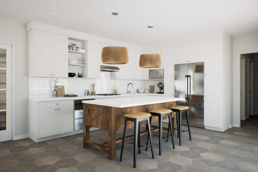 White kitchen with wood island and patterned wood fixtures with kitchen appliances and utensils. Stylish kitchen in traditional style. 3D rendering